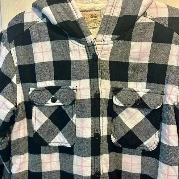 💗🖤”Boston Traders” Flannel Fleece Lined Hooded Shacket Pink/Black/White Sz S🖤 - Picture 3 of 16